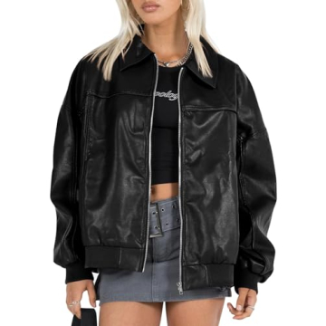 Tankaneo Women's Faux Leather Jacket - Oversized Bomber Casual Fashion Zip Up