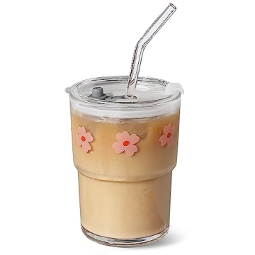 Olvini 13oz Glass Tumbler with Glass Straw and Lid, Iced Coffee Cups Reusable, Water Cup, Coffee Tum...