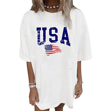 Zoyami Women's Oversized T-Shirt - USA Flag Graphic Tee in White, Small