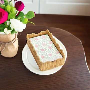 Two's Company Scalloped Edge Basket Weave Pattern Holder - Decorative Napkin Holder for Kitchen & Bathroom, Resin Guest Towel & Utensil Holder, Rustic Farmhouse Decor & Organizer