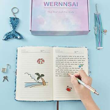 WERNNSAI Sequins Notebook Set - Sparkly Mermaid Journals Unique Gift for Girls Travel School Office Notepad Memos A5 Diary Notebooks Ballpoint Pen Bracelet Key-chain with Locks and Keys