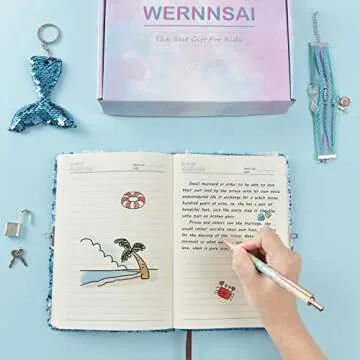 WERNNSAI Sequins Notebook Set - Sparkly Mermaid Journals Unique Gift for Girls Travel School Office Notepad Memos A5 Diary Notebooks Ballpoint Pen Bracelet Key-chain with Locks and Keys