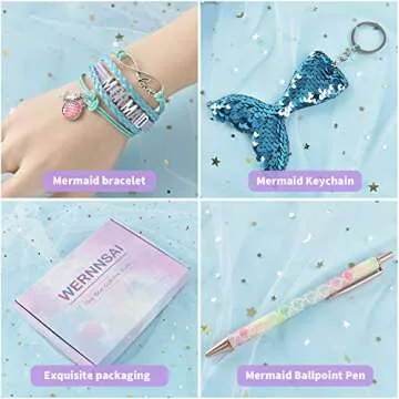 WERNNSAI Sequins Notebook Set - Sparkly Mermaid Journals Unique Gift for Girls Travel School Office Notepad Memos A5 Diary Notebooks Ballpoint Pen Bracelet Key-chain with Locks and Keys