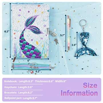 WERNNSAI Sequins Notebook Set - Sparkly Mermaid Journals Unique Gift for Girls Travel School Office Notepad Memos A5 Diary Notebooks Ballpoint Pen Bracelet Key-chain with Locks and Keys