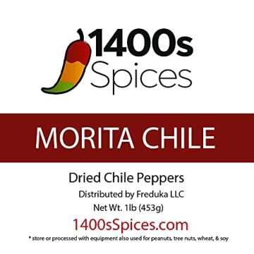 1lb Morita Chipotle Dried Whole Chile Peppers, Chili Seco Pods for Authentic Mexican Food, Heat-Sealed Resealable Bag by 1400s Spices