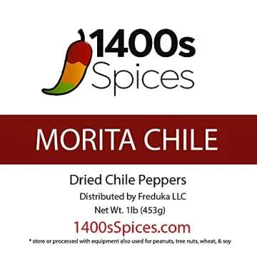 1lb Morita Chipotle Dried Whole Chile Peppers, Chili Seco Pods for Authentic Mexican Food, Heat-Sealed Resealable Bag by 1400s Spices