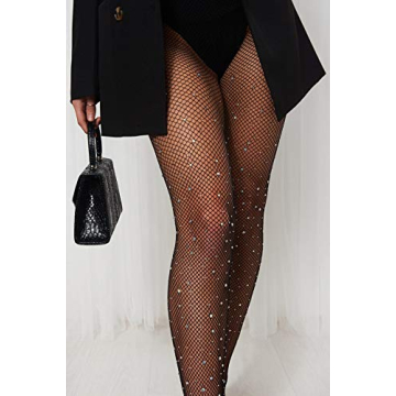 SUREPOCH Women Rhinestone Fishnet Stockings Black Sexy Nylon High Waist Net Tights