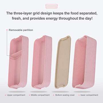 Bento Box for Adults, 3-In-1 Meal Prep Container, 900ML Janpanese Lunch Box with Compartment, Wheat ...