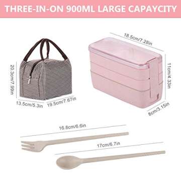 Bento Box for Adults, 3-In-1 Meal Prep Container, 900ML Janpanese Lunch Box with Compartment, Wheat Straw, Leak-proof, Spoon & Fork & Lunch Bag, BPA-free (Pink)