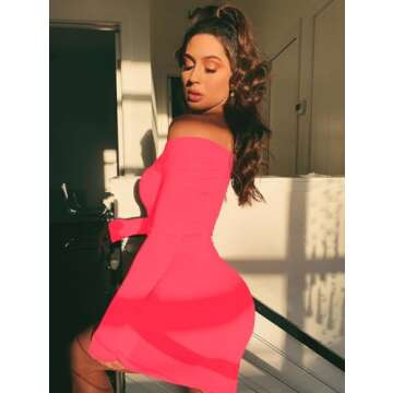 XXTAXN Women's Sexy Elegant Long Sleeve Off The Shoulder Ruched Mini Dress Fluopink