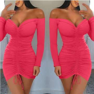 XXTAXN Women's Sexy Elegant Long Sleeve Off The Shoulder Ruched Mini Dress Fluopink