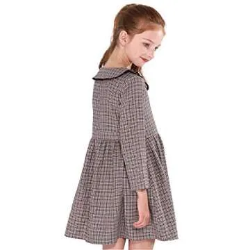 SOLOCOTE Girls Plaid Dress Cotton Casual Spring Long Sleeve Dresses Peter Pan Collar 191114 Check D 9-10Y Brown