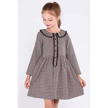 SOLOCOTE Girls Plaid Dress Cotton Casual Spring Long Sleeve Dresses Peter Pan Collar 191114 Check D 9-10Y Brown