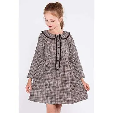 SOLOCOTE Girls Plaid Dress Cotton Casual Spring Long Sleeve Dresses Peter Pan Collar 191114 Check D 9-10Y Brown