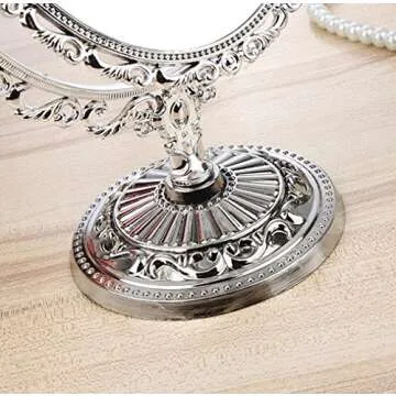 Guppy Desktop Antique Vintage European Style Two Sided Swivel Oval Tabletop Vanity Makeup Mirror with Embossed Hollow Flower Shiny Pedestal(Gold)