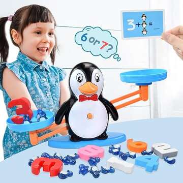 BAKAM Penguin Balance Scale & Number Counting Blocks Games for Kids Ages 3-5, Montessori Math Games ...