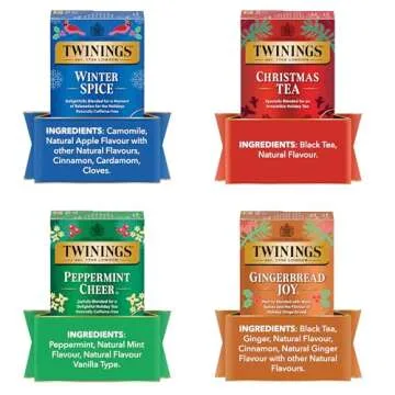 Twinings Holiday Variety Pack Tea Bags, Christmas Tea, Winter Spice, Gingerbread Joy, Peppermint Cheer, 20 Count (Pack of 4), Enjoy Hot or Iced | Packaging May Vary