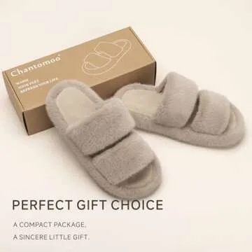 Chantomoo Women's Slippers Memory Foam Slippers for Women Fuzzy Comfy Faux Fur House Shoes Furry Bedroom Indoor Open Toe Slippers Two Bands Trendy Gift Slippers Light BrownSize7 8 6.5
