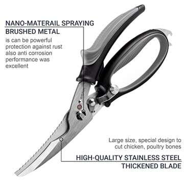 BBSoL Poultry Shears Heavy Duty Professional – Sharp Kitchen Scissors Heavy Duty Dishwasher Safe - Stainless Steel Turkey Shears - Spring Loaded Ergonomic Handles - All Purpose Kitchen Shear Grey