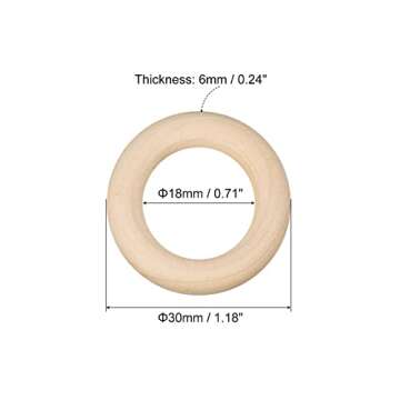 uxcell 50Pcs 30mm(1.2-inch) Natural Wood Rings, 6mm Thick Smooth Unfinished Wooden Circles for DIY C...