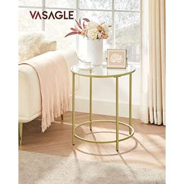 VASAGLE Round Side Tables, Set of 2, Glass End Tables with Metal Frame, Gold Coffee Tables with Mode...
