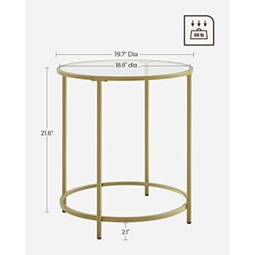 VASAGLE Round Side Tables, Set of 2, Glass End Tables with Metal Frame, Gold Coffee Tables with Modern Style, for Living Room, Balcony, Bedroom, Gold Color