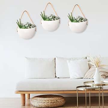 Peohud 3 Pack Ceramic Hanging Planter, 7 Inch Succulent Wall Planters with Leather Cord, Wall Flower Plant Pots Decor Plant Holder Vase for Herb Air Plant Live, Home Office Decor, Indoor, Outdoor