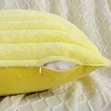 FUTEI Yellow Striped Decorative Throw Pillow Covers 18x18 Inch Set of 2,Square Spring Decorations Couch Pillow Case,Soft Cozy Faux Rabbit Fur & Velvet Back,Modern Home Decor for Bed