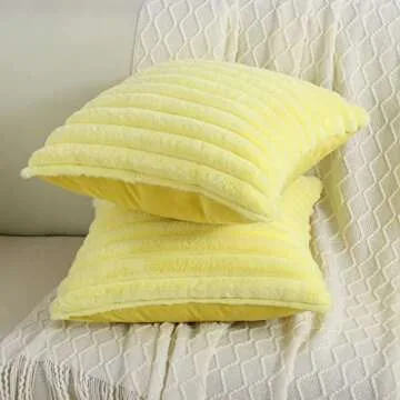 FUTEI Yellow Striped Decorative Throw Pillow Covers 18x18 Inch Set of 2,Square Spring Decorations Couch Pillow Case,Soft Cozy Faux Rabbit Fur & Velvet Back,Modern Home Decor for Bed