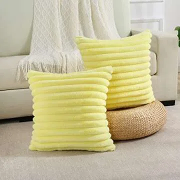 FUTEI Yellow Striped Decorative Throw Pillow Covers 18x18 Inch Set of 2,Square Spring Decorations Couch Pillow Case,Soft Cozy Faux Rabbit Fur & Velvet Back,Modern Home Decor for Bed