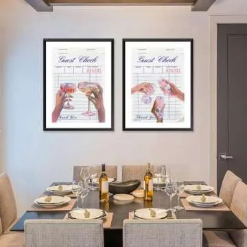 QMV 2 Pieces Guest Check Wall Art Retro Trendy Cocktail Poster Bar Cart Wall Decor Canvas Painting Colorful Champagne Pink Girly Preppy Print Unframed Size: 12x16