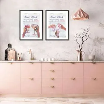 QMV 2 Pieces Guest Check Wall Art Retro Trendy Cocktail Poster Bar Cart Wall Decor Canvas Painting Colorful Champagne Pink Girly Preppy Print Unframed Size: 12x16