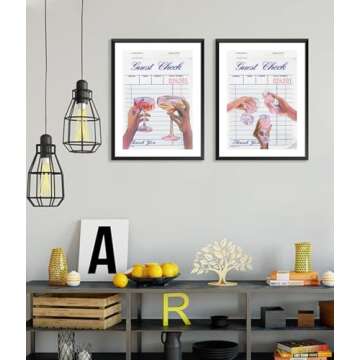 QMV 2 Pieces Guest Check Wall Art Retro Trendy Cocktail Poster Bar Cart Wall Decor Canvas Painting Colorful Champagne Pink Girly Preppy Print Unframed Size: 12x16