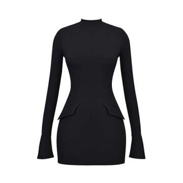 YMDUCH Women's Long Sleeve Mock Turtle Neck Bodycon Mini Tank Short Party Dress Black