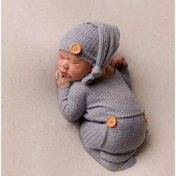 Fashion Newborn Boys Girls Baby Photo Shoot Props Outfits Crochet Clothes Long Tail Hat Pants Photography Props (gray)