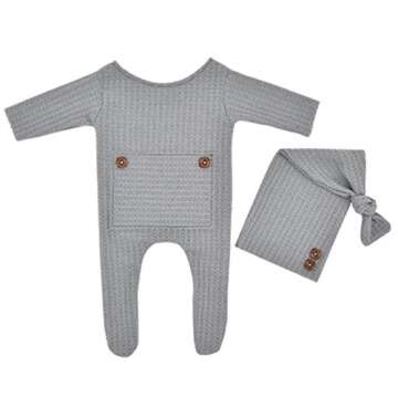 Fashion Newborn Boys Girls Baby Photo Shoot Props Outfits Crochet Clothes Long Tail Hat Pants Photography Props (gray)