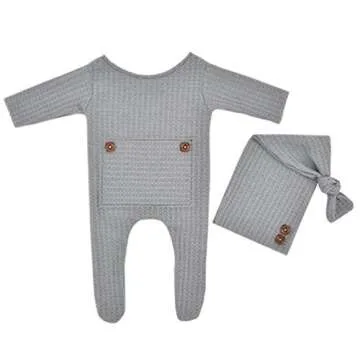 Fashion Newborn Boys Girls Baby Photo Shoot Props Outfits Crochet Clothes Long Tail Hat Pants Photography Props (gray)
