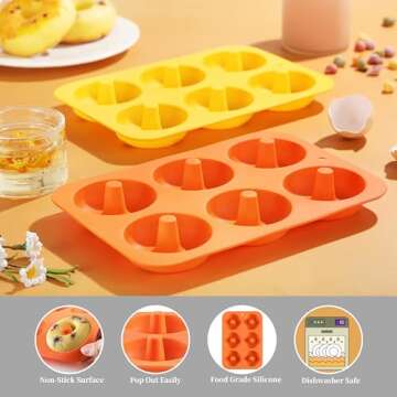 HAMMER IRON ALLEY 2PCS Donut Pan, HIA Silicone Donut Molds for Baking, Non-Stick Doughnut Pan for 6 Doughnuts, Heat Resistant, Dishwasher Microwave Safe (Orange+Yellow, Set of 2)