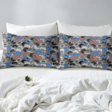 Feelyou Gamer Bedding Set for Boys Video Game Decor Comforter Cover Set Kids Teens Queen Gaming Duvet Cover Set Super Soft Quilt Cover with 2 Pillow Shams Grey