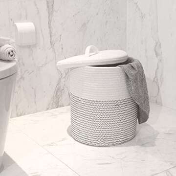 Yimi's Dream Woven Basket with Lid, Decorative Rope Storage Baskets for Organizing, medium Baskets for Baby, Kids, Toys, Blanket, Woven Baskets for Storage (White & Blacksuture, 12D x 13.5H inch)