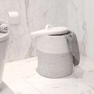 Yimi's Dream Woven Basket with Lid, Decorative Rope Storage Baskets for Organizing, medium Baskets for Baby, Kids, Toys, Blanket, Woven Baskets for Storage (White & Blacksuture, 12D x 13.5H inch)