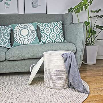 Yimi's Dream Woven Basket with Lid, Decorative Rope Storage Baskets for Organizing, medium Baskets for Baby, Kids, Toys, Blanket, Woven Baskets for Storage (White & Blacksuture, 12D x 13.5H inch)