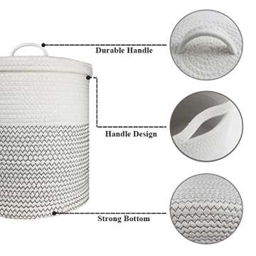 Yimi's Dream Woven Basket with Lid, Decorative Rope Storage Baskets for Organizing, medium Baskets for Baby, Kids, Toys, Blanket, Woven Baskets for Storage (White & Blacksuture, 12D x 13.5H inch)