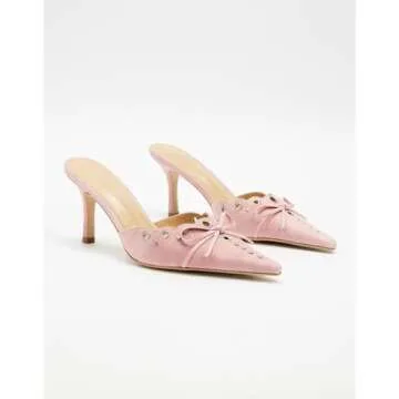 olomisa Kitten Heels for Women, Pointed Toe Heels Studded Bow Heeled Mules, Faux Suede Silp On Sandals Kitten Heel Pumps