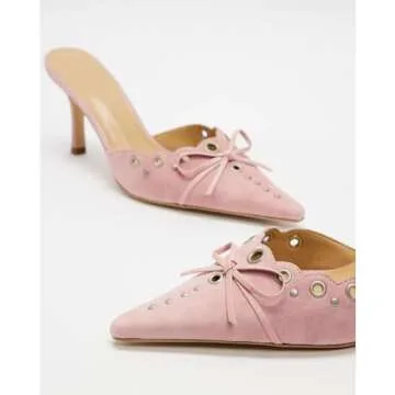 olomisa Kitten Heels for Women, Pointed Toe Heels Studded Bow Heeled Mules, Faux Suede Silp On Sandals Kitten Heel Pumps