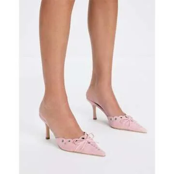 olomisa Kitten Heels for Women, Pointed Toe Heels Studded Bow Heeled Mules, Faux Suede Silp On Sandals Kitten Heel Pumps