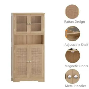 Irontar Rattan Bathroom Cabinet, Bathroom Floor Cabinet with Open Shelf, Display Storage with Doors, Kitchen Cupboard, Storage Cabinet for Living Room, 23.6 x 11.8 x 50.4 Inches, Natural CWG006M