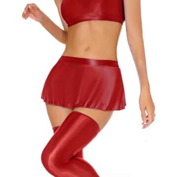 Women's Sexy Oil Shiny Glossy Skirt Club Mini Skirt Stretchy Sheer Metallic Skirt Ruffle Short Skirt...