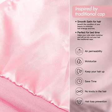 Silk Satin Lined Bonnet Sleep Cap - Adjustable Stay on All Night Hair Wrap Cover Slouchy Beanie for Curly Hair Protection for Women and Men - Black & Pink