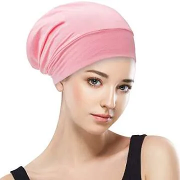 Silk Satin Lined Bonnet Sleep Cap - Adjustable Stay on All Night Hair Wrap Cover Slouchy Beanie for Curly Hair Protection for Women and Men - Black & Pink
